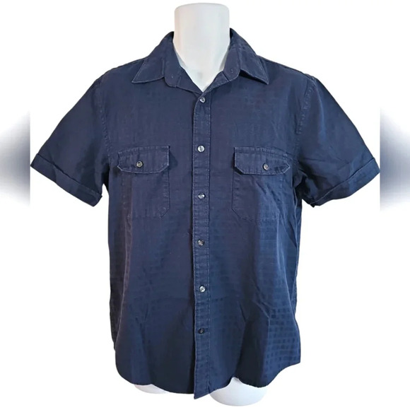 Perry Ellis Medium Vintage Navy Blue Basket Weave Classic Button Down 90s Shirt - Picture 1 of 5